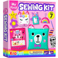 Beginner sewing kit box with felt crafts including a cat, bear, unicorn, star, and rainbow, plus sewing supplies.