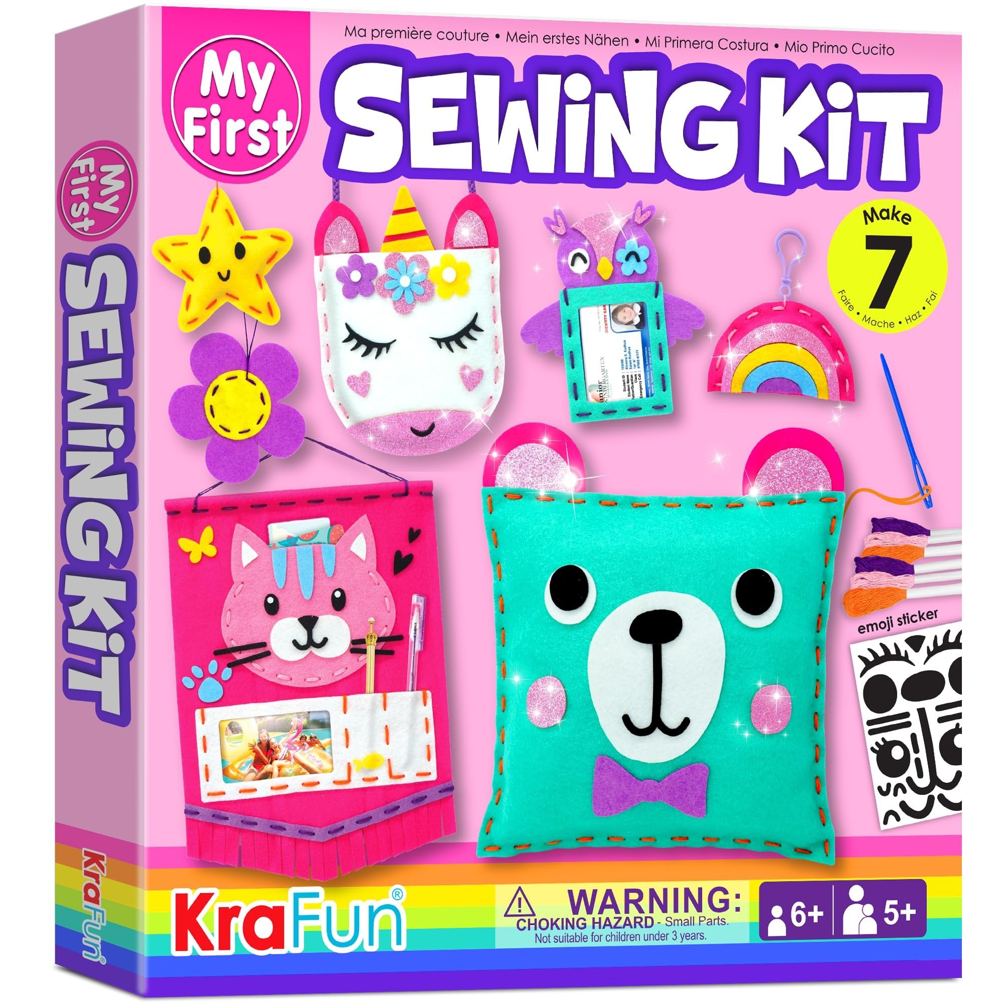 Beginner sewing kit box with felt crafts including a cat, bear, unicorn, star, and rainbow, plus sewing supplies.