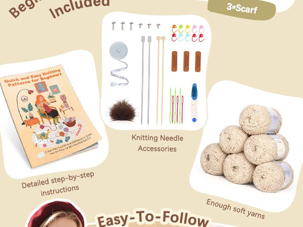 Beginner knitting kit contents including yarn balls, knitting needles, accessories, and pattern book.