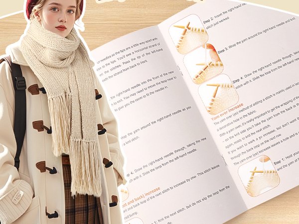 Young woman wearing a cream knitted scarf and coat, with a knitting instruction booklet open to a page showing steps for knitting.