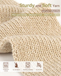Close-up of beige knitted yarn showing texture and care instructions with icons.