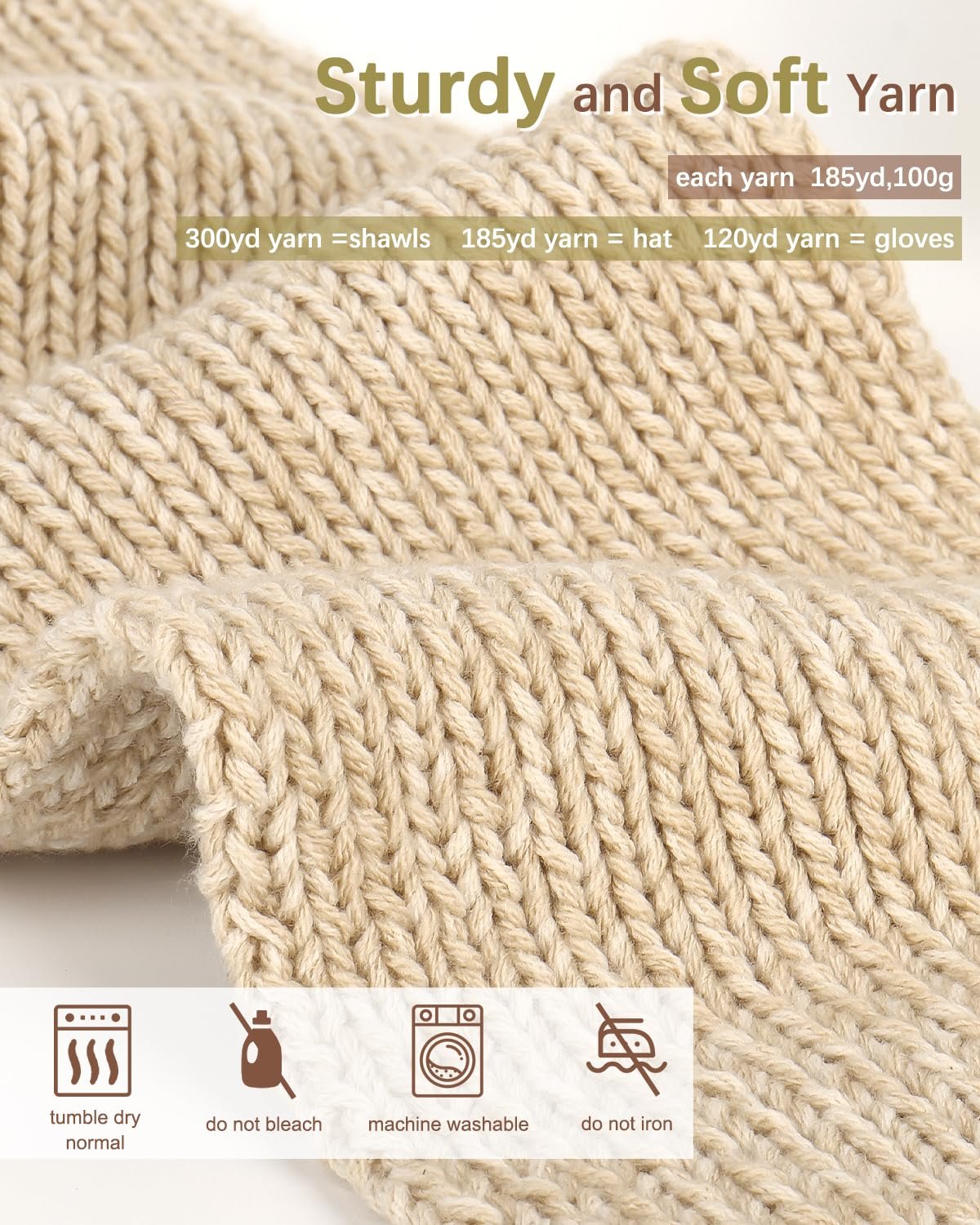 Close-up of beige knitted yarn showing texture and care instructions with icons.