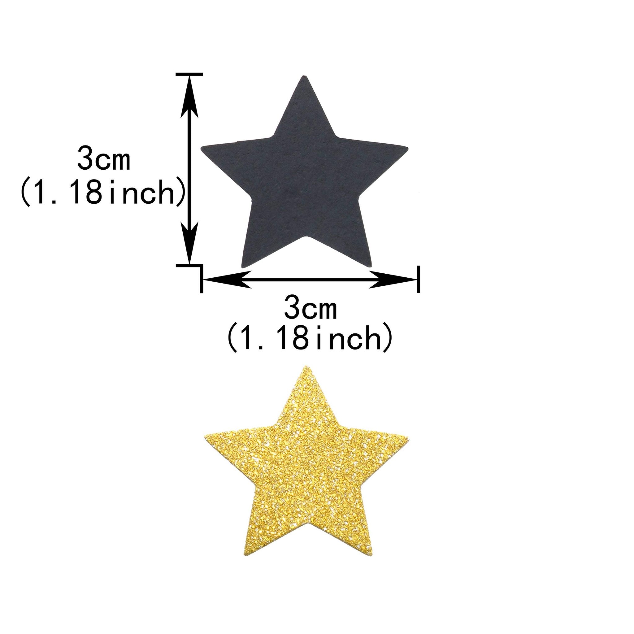 Black and gold glitter star confetti with size indicators showing 3cm (1.18 inch) dimensions