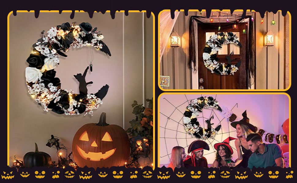 Collage of Halloween decorations: crescent moon wreath with cat and lights, wreath on door, people at party with wreath.