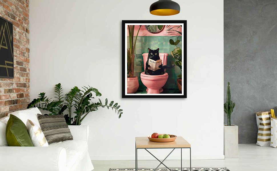 Framed painting of a black cat sitting on a pink toilet reading a newspaper, surrounded by plants.