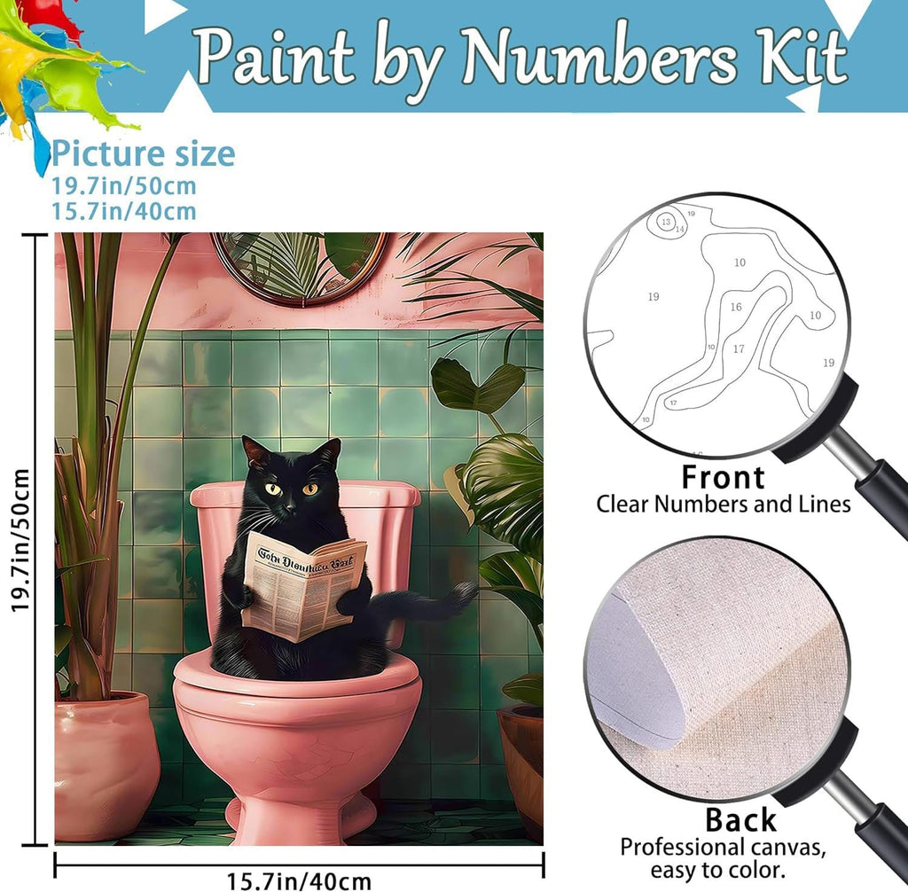 Paint by Numbers Kit featuring a black cat sitting on a pink toilet reading a newspaper. Includes size details and close-ups of canvas and numbered sections.