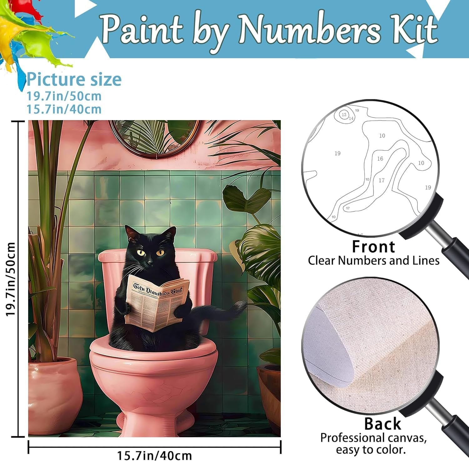 Paint by Numbers Kit featuring a black cat sitting on a pink toilet reading a newspaper. Includes size details and close-ups of canvas and numbered sections.