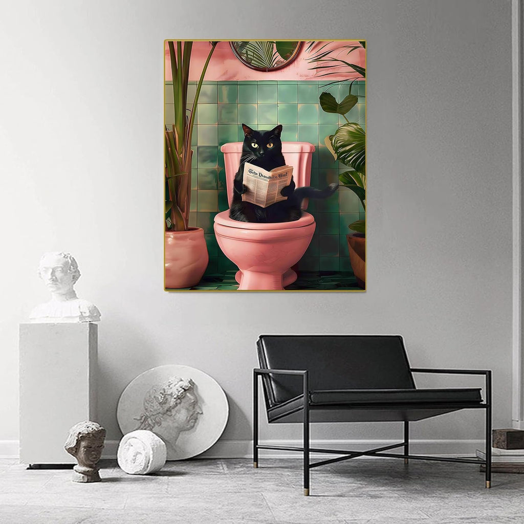 Black cat sitting on a pink toilet reading a newspaper, surrounded by plants in a bathroom setting.