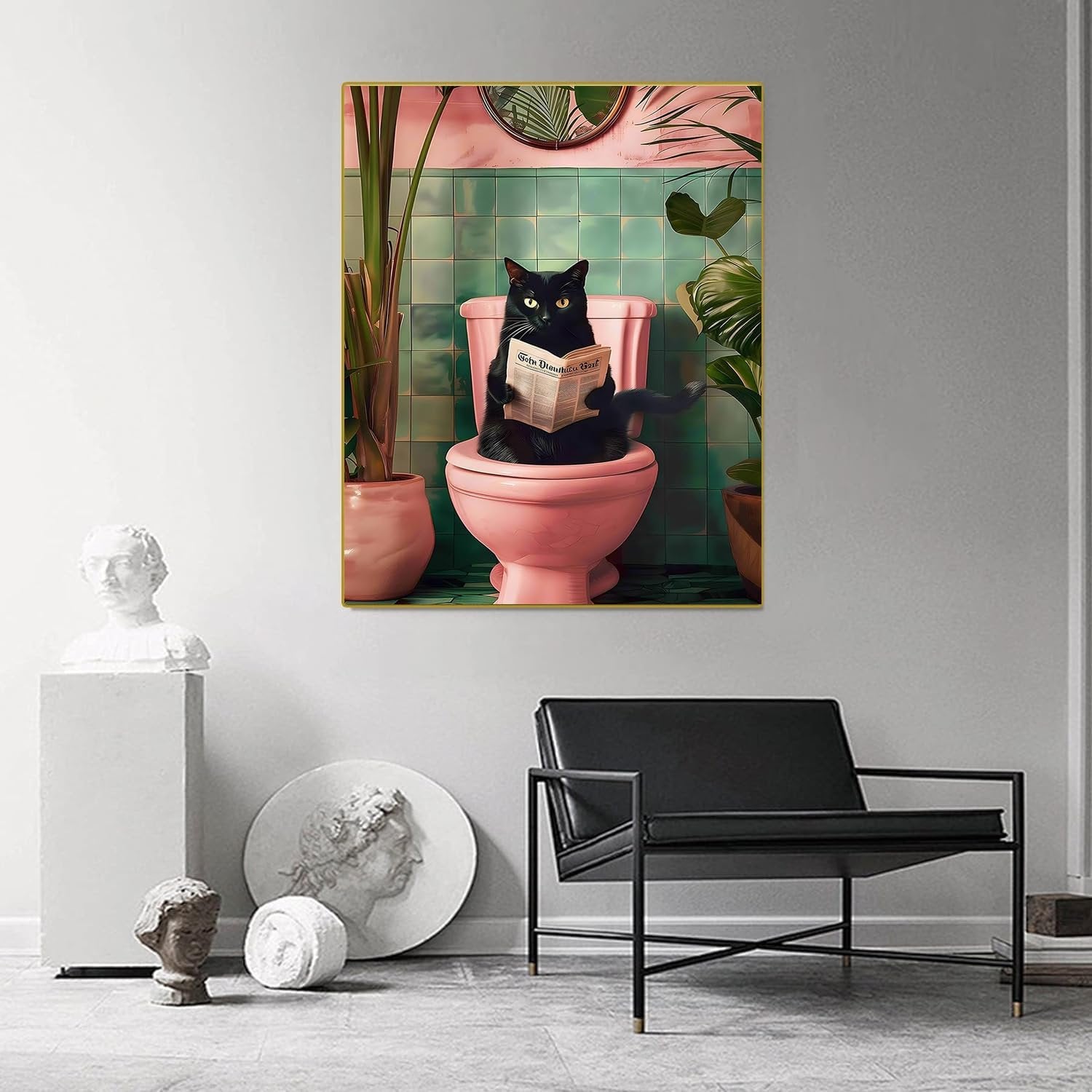 Black cat sitting on a pink toilet reading a newspaper, surrounded by plants in a bathroom setting.
