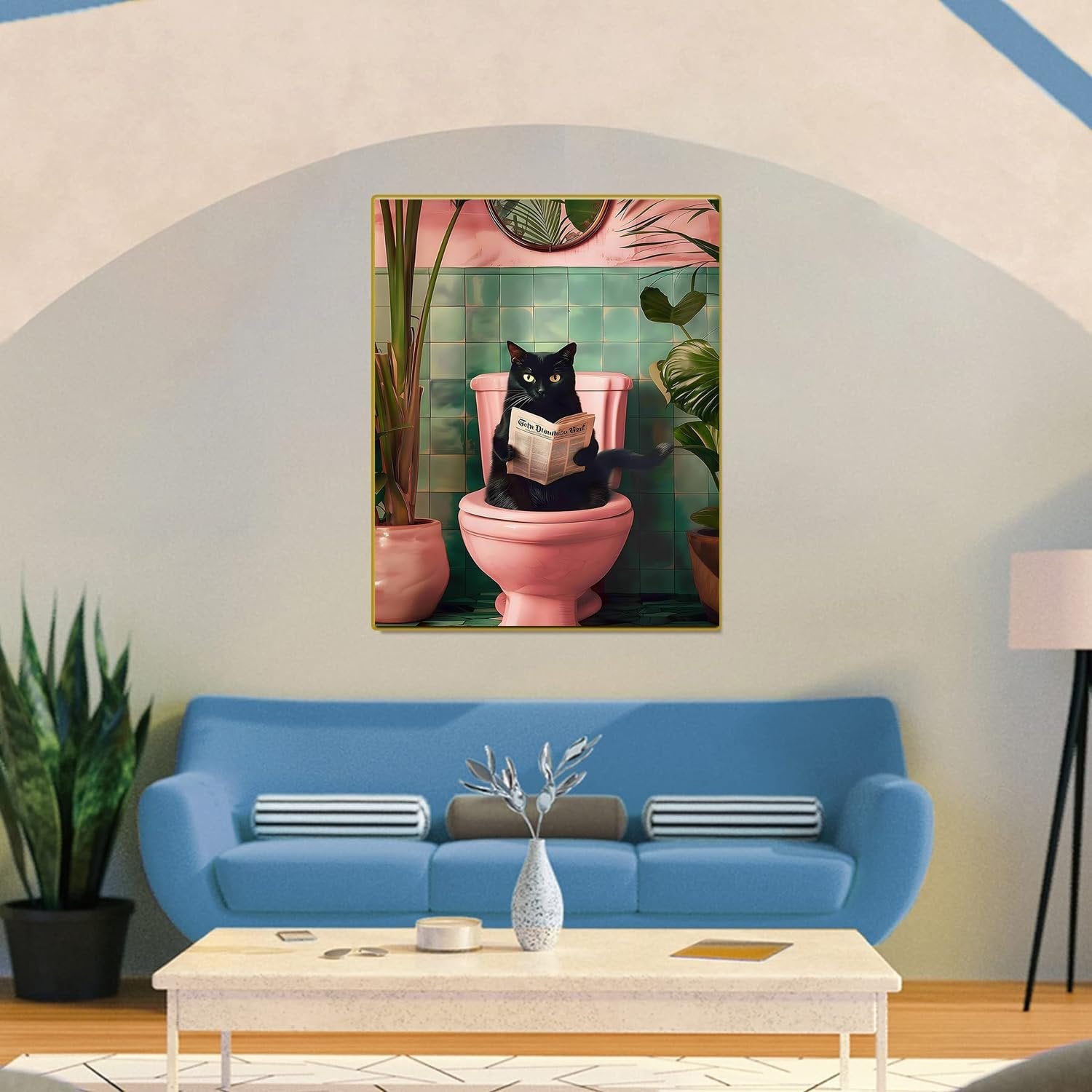 Black cat sitting on a pink toilet reading a newspaper in a bathroom setting, framed artwork.