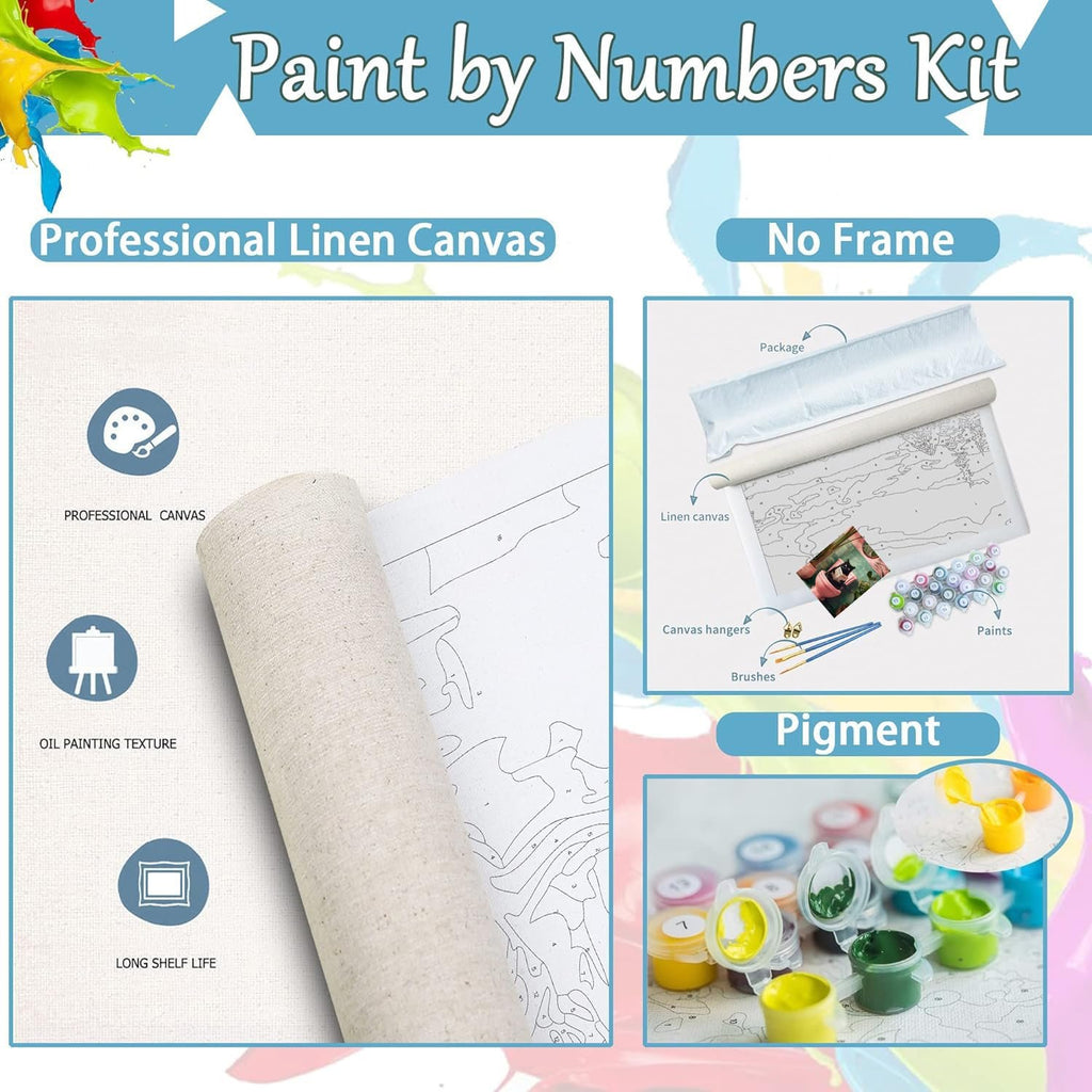 Paint by Numbers Kit showing a rolled canvas with numbered outlines, acrylic paint pots, brushes, and canvas hangers.