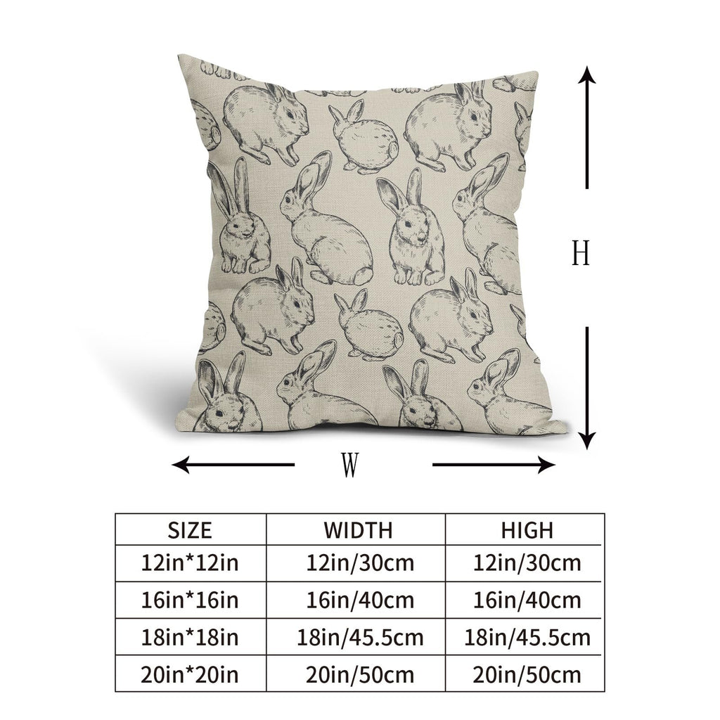 Linen throw pillow cover with a black sketched bunny pattern, shown with a size chart indicating width and height dimensions.