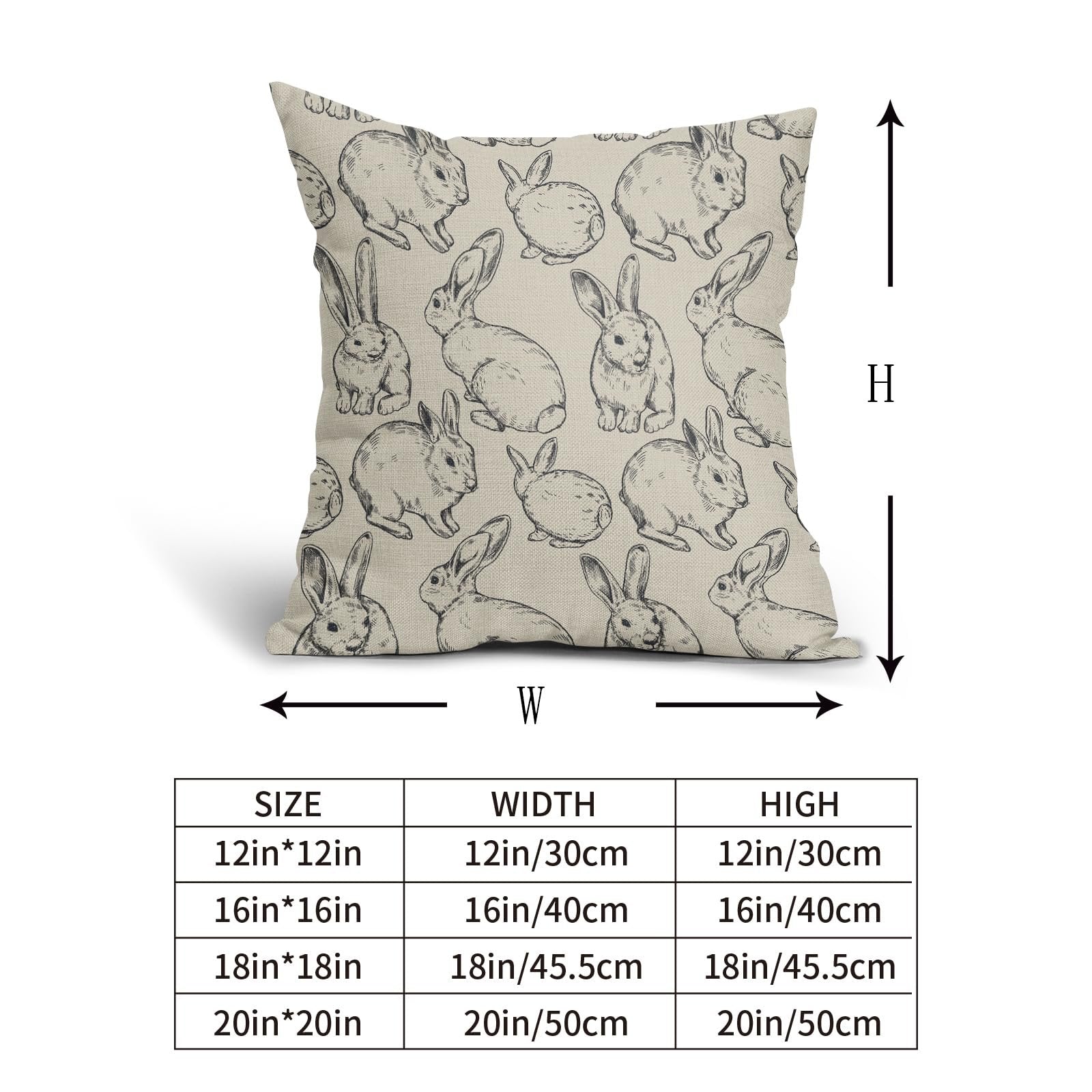 Linen throw pillow cover with a black sketched bunny pattern, shown with a size chart indicating width and height dimensions.
