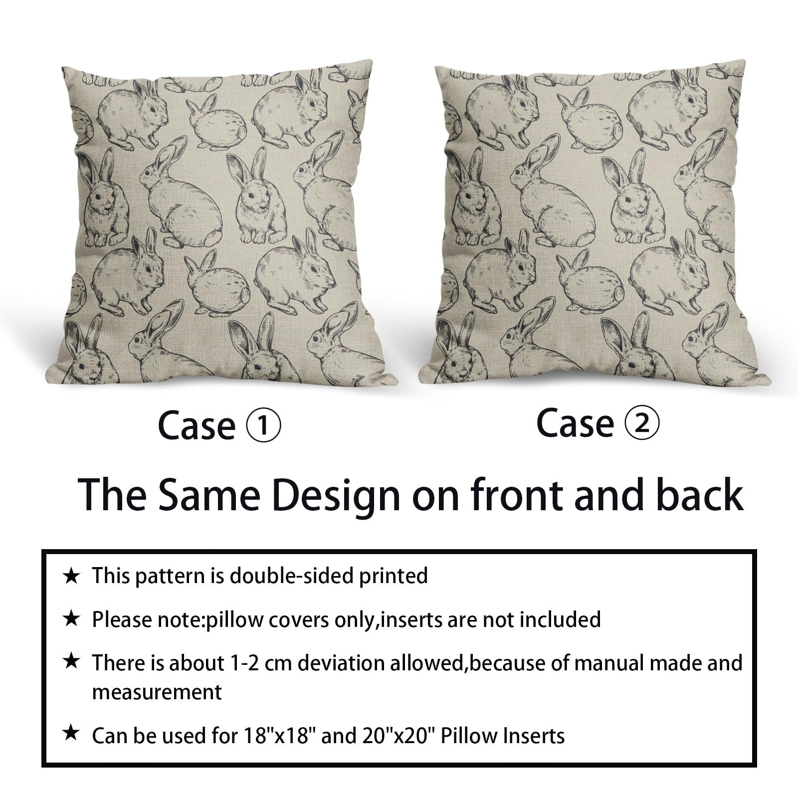Two linen pillow covers with a black sketch pattern of Easter bunnies displayed side-by-side.