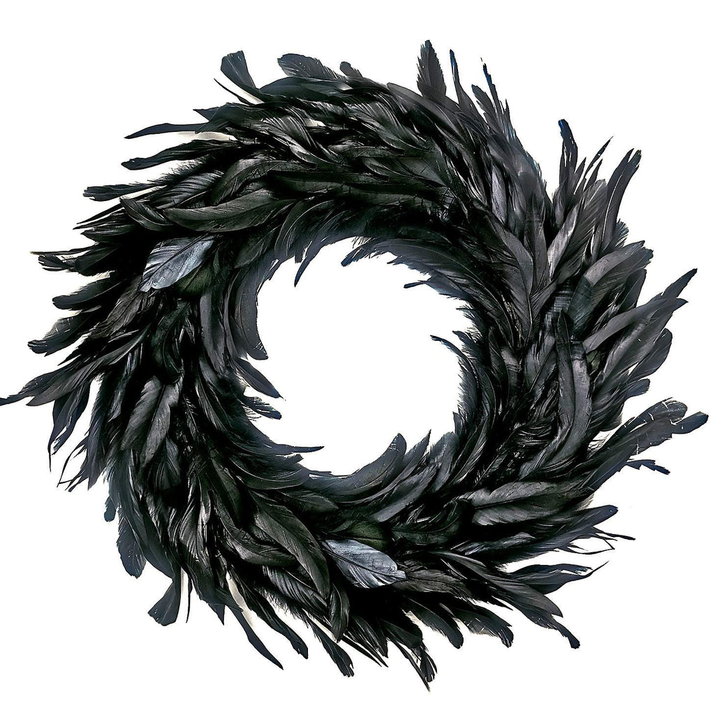 Black feather wreath on a white background, viewed from the front.