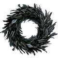 Black feather wreath on a white background, viewed from the front.