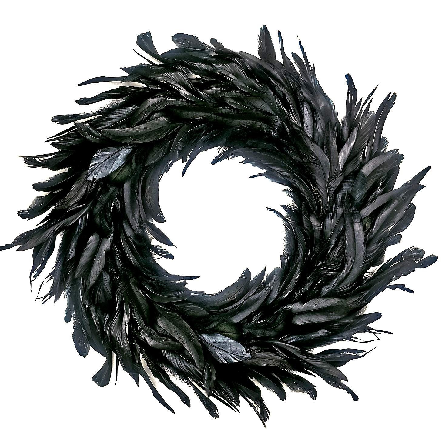 Black feather wreath on a white background, viewed from the front.