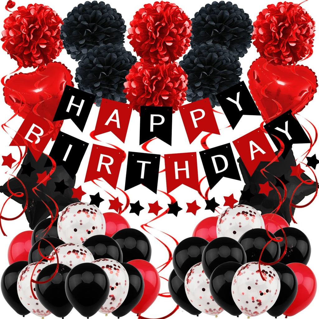 Black and red birthday party decoration kit including pom poms, heart foil balloons, banner, star cutouts, hanging swirls, and balloons.