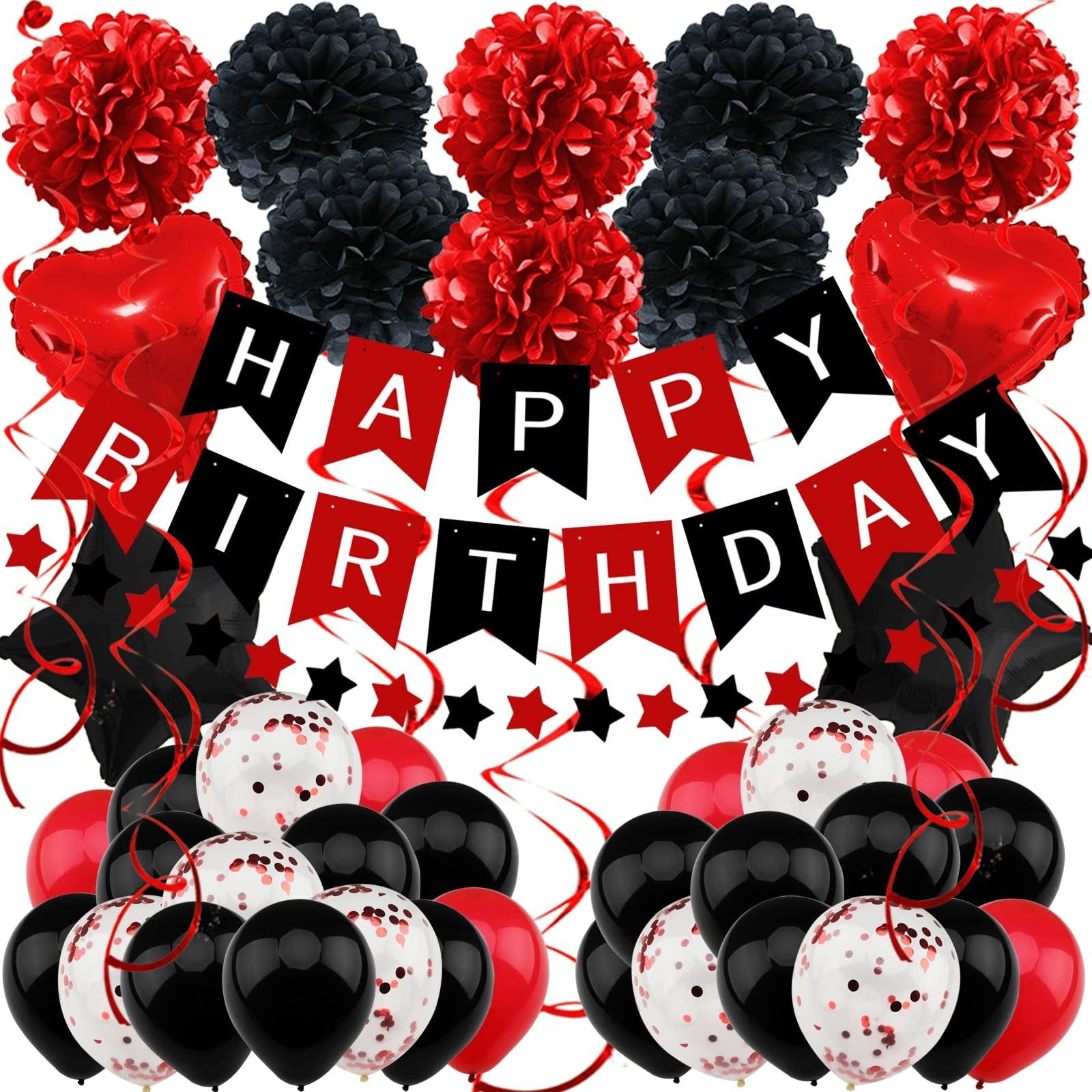 Black and red birthday party decoration kit including pom poms, heart foil balloons, banner, star cutouts, hanging swirls, and balloons.