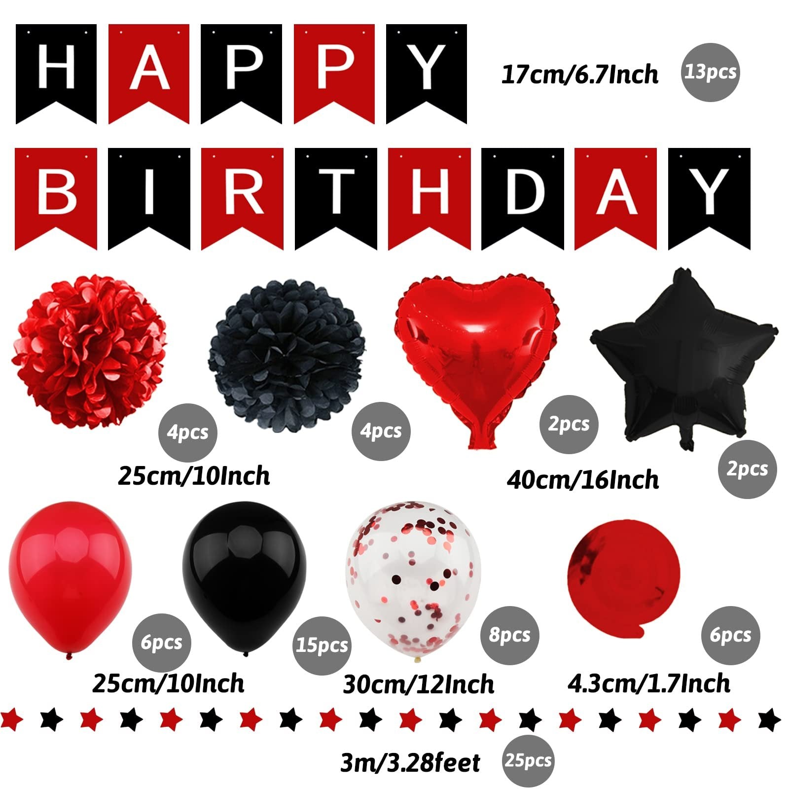 Black and red birthday party decoration kit including banner, pompoms, balloons, and foil balloons.