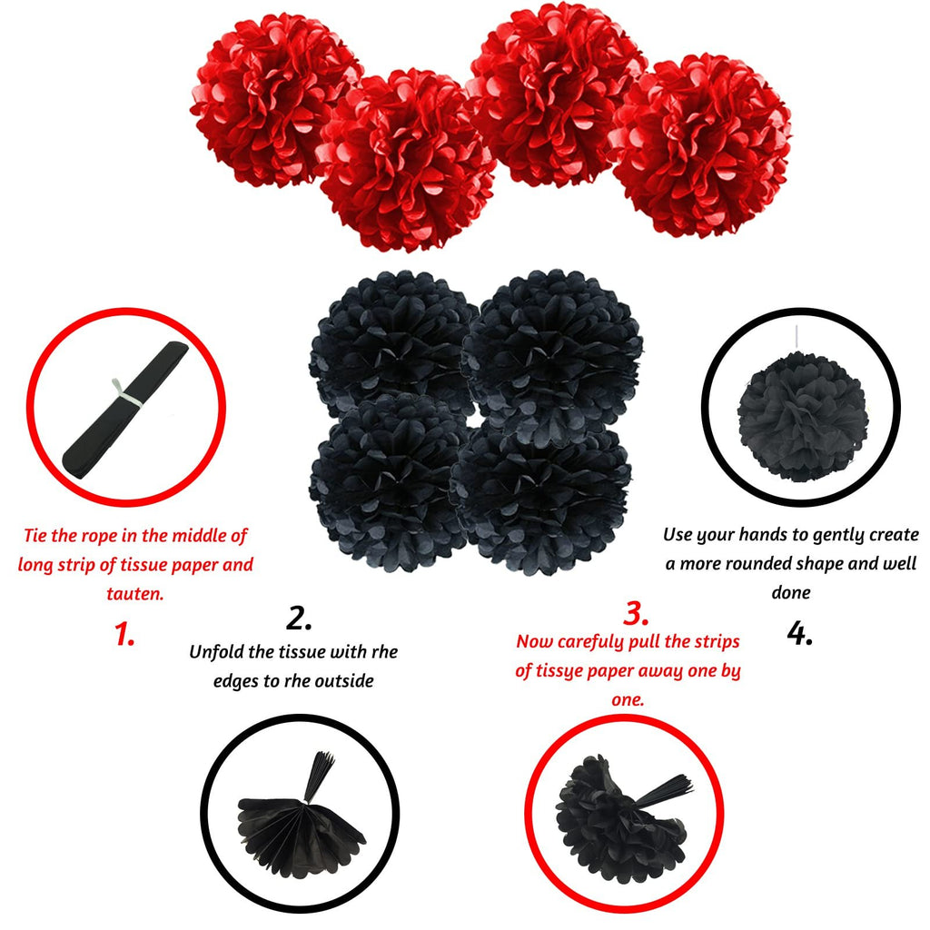 Black and red tissue paper pom poms with instructions on how to assemble them.