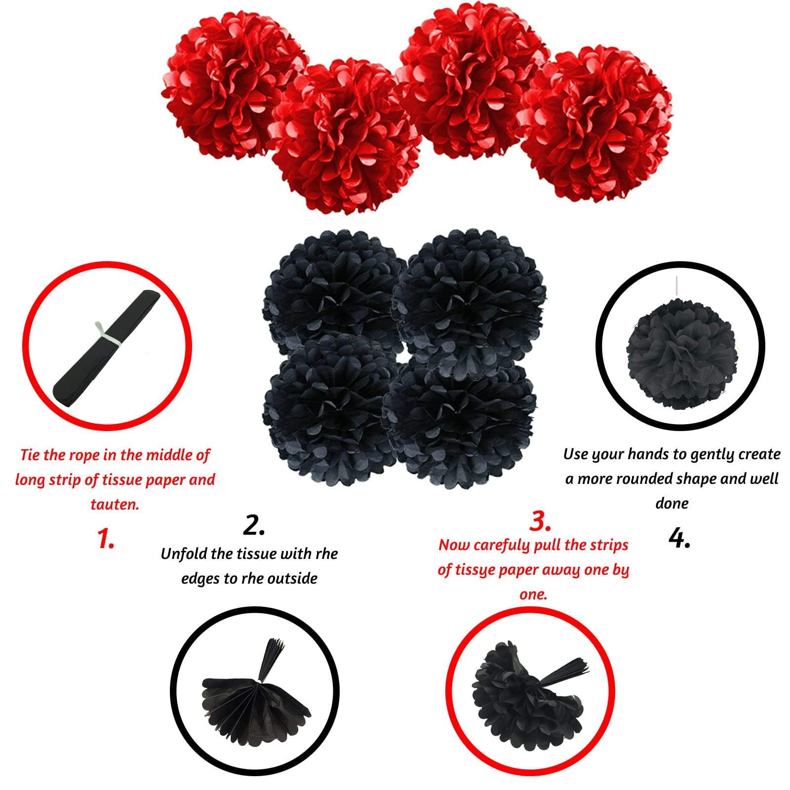 Black and red tissue paper pom poms with instructions on how to assemble them.