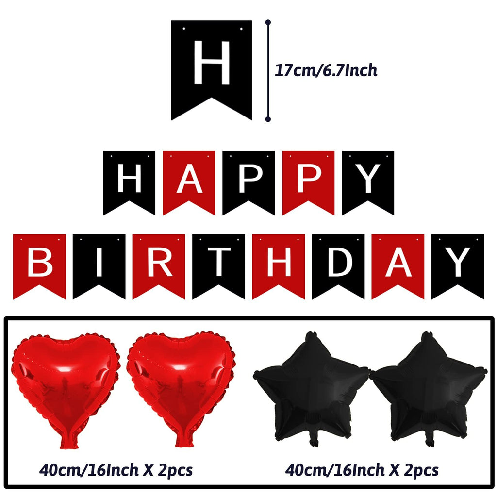Black and red birthday banner with heart and star balloons, includes size information.