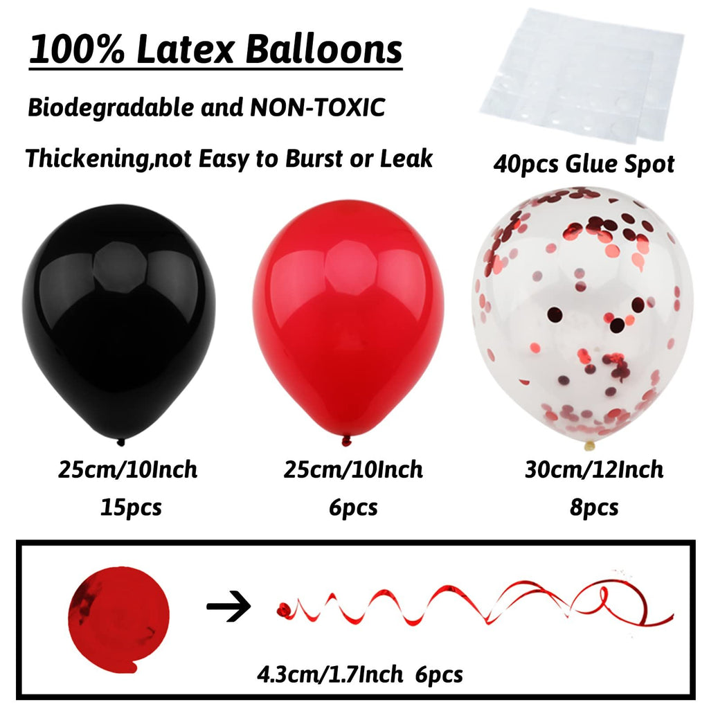 Black, red, and confetti balloons with glue dots and hanging swirls, showing sizes and quantities.