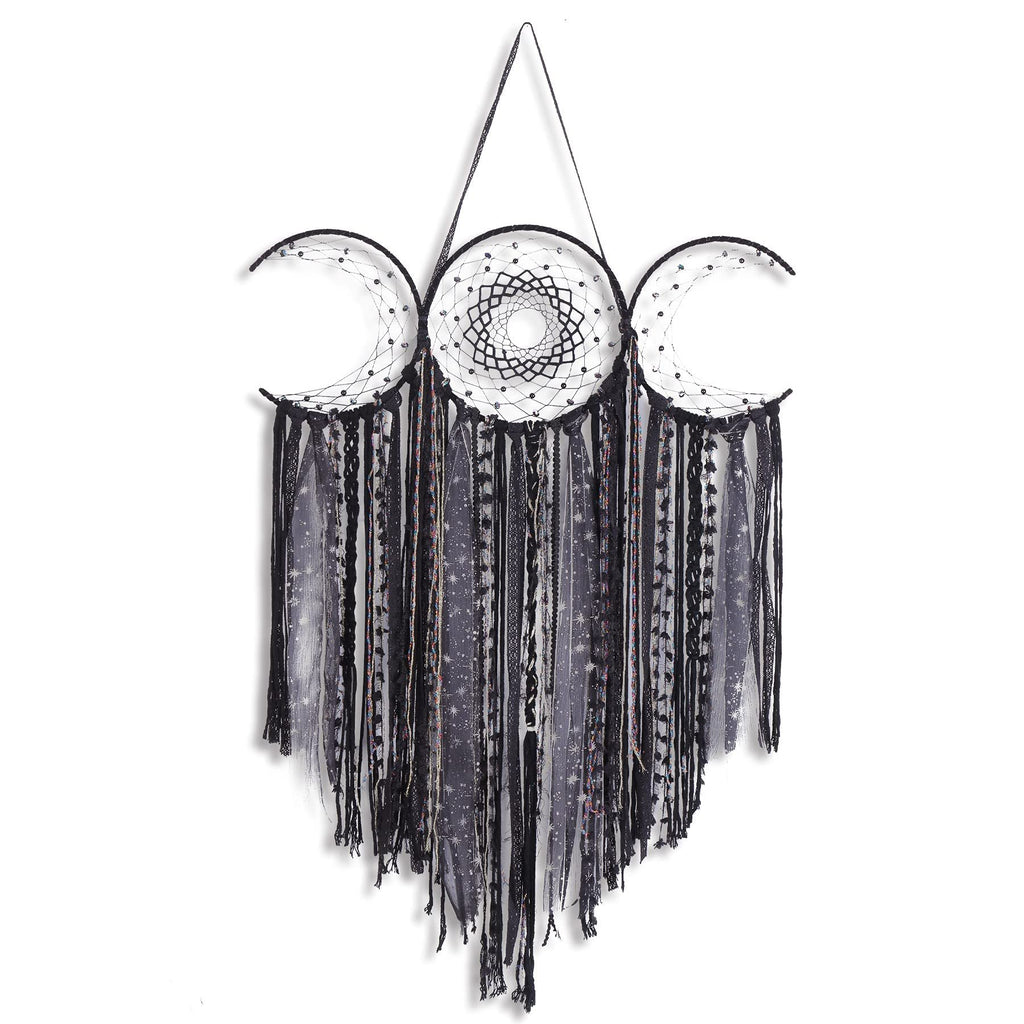 Black triple moon macrame wall hanging with crescent moons and textile fringe, centered dream catcher detail