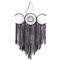 Black triple moon macrame wall hanging with crescent moons and textile fringe, centered dream catcher detail