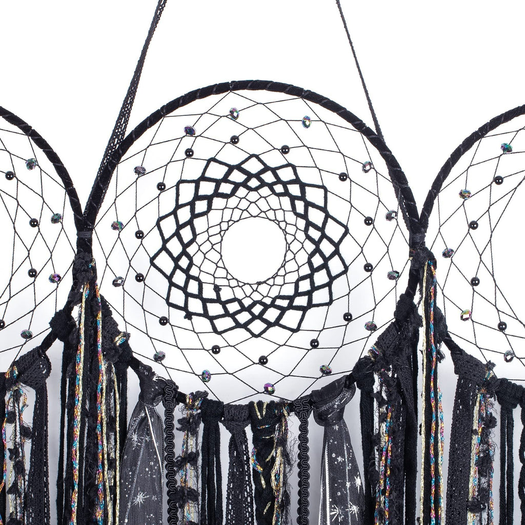 Black triple moon macrame wall hanging with crescent dream catchers and mixed textile fringe