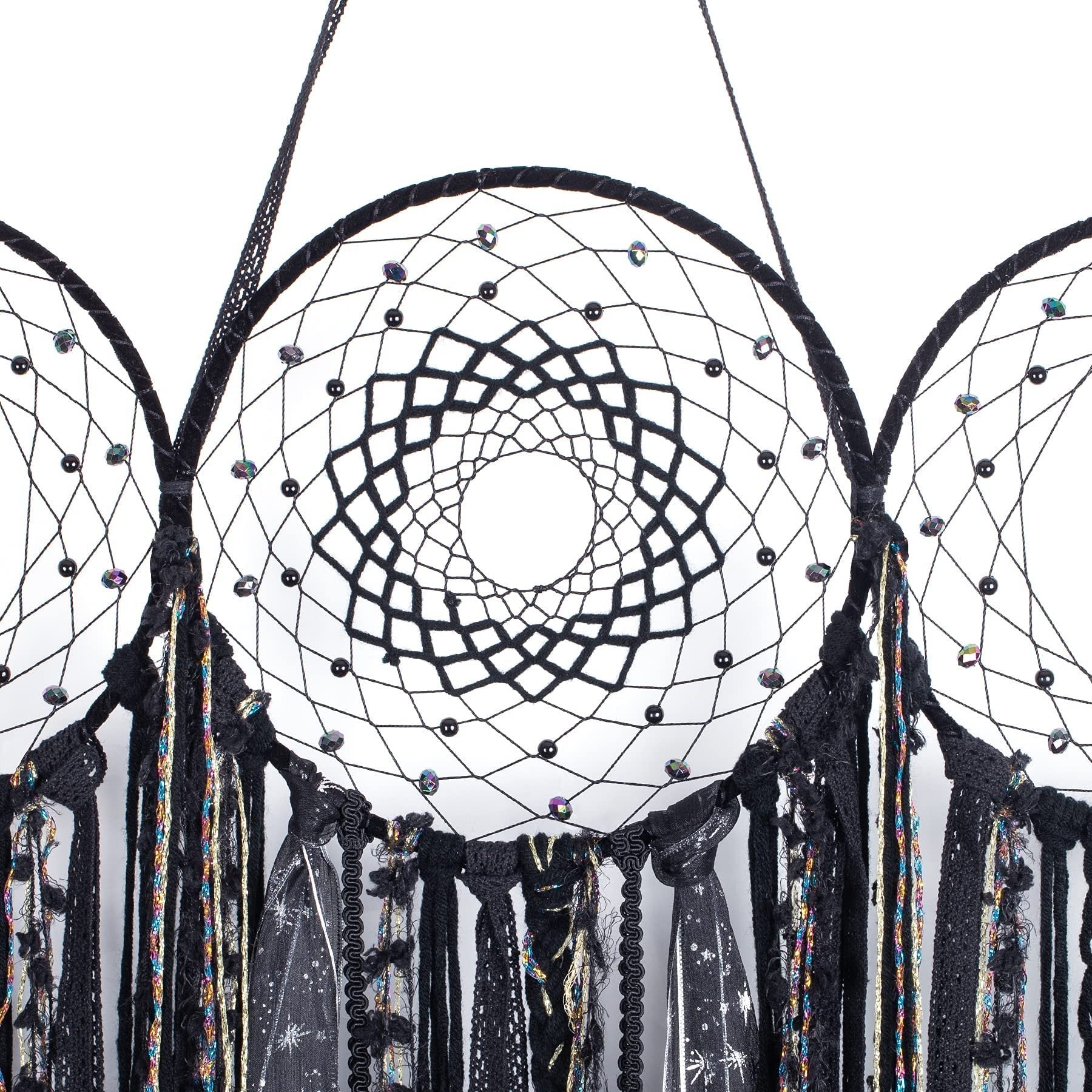 Black triple moon macrame wall hanging with crescent dream catchers and mixed textile fringe