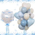 Two bunches of balloons, one clear with blue bows, the other a mix of blue, nude, and silver heart and round balloons with ribbons.