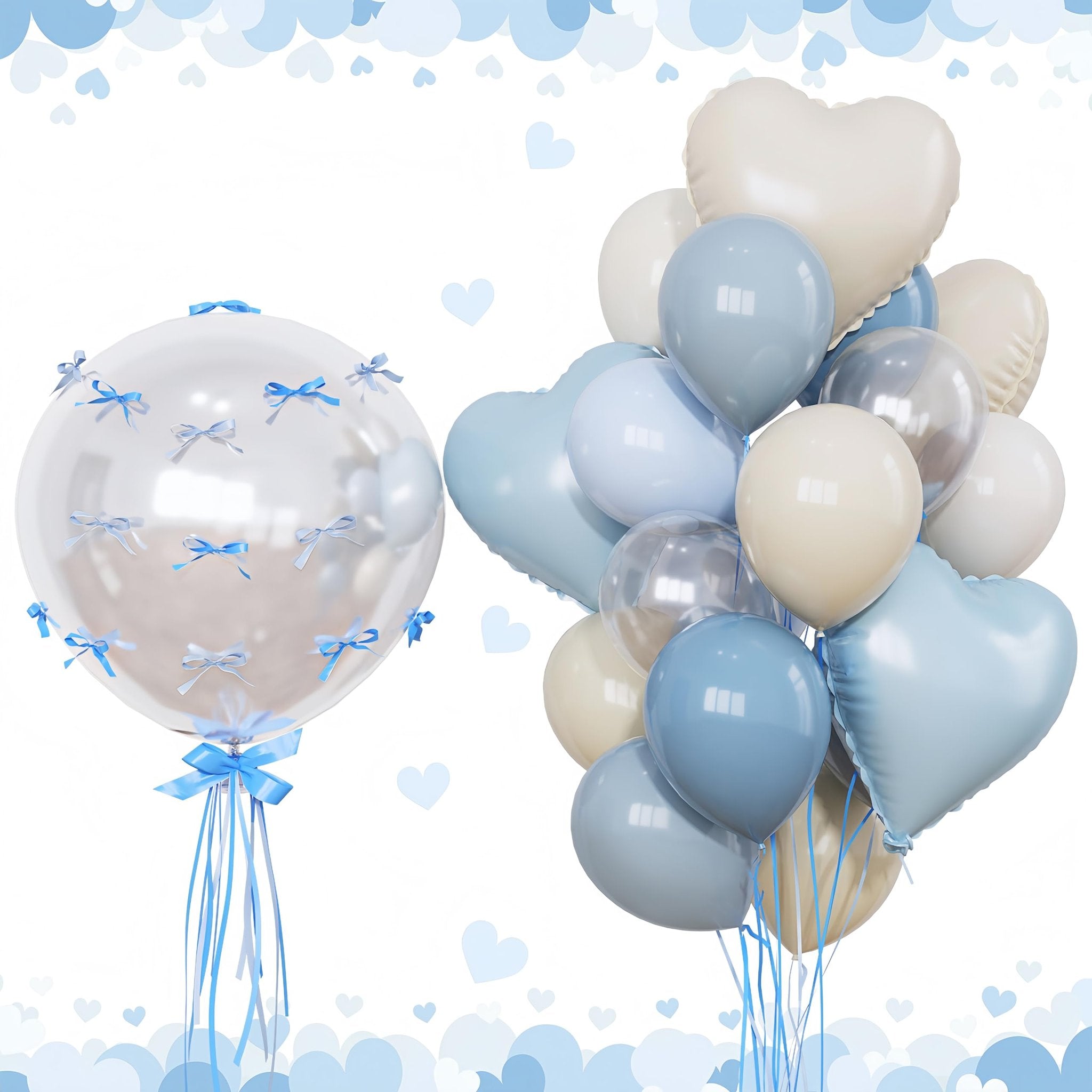 Two bunches of balloons, one clear with blue bows, the other a mix of blue, nude, and silver heart and round balloons with ribbons.