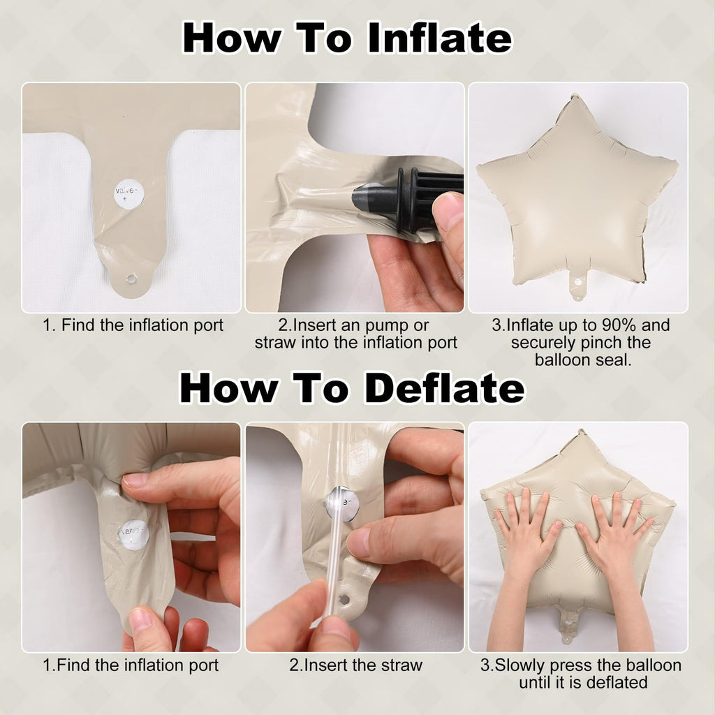 Instructions for inflating and deflating star-shaped balloons, showing steps with text and images.