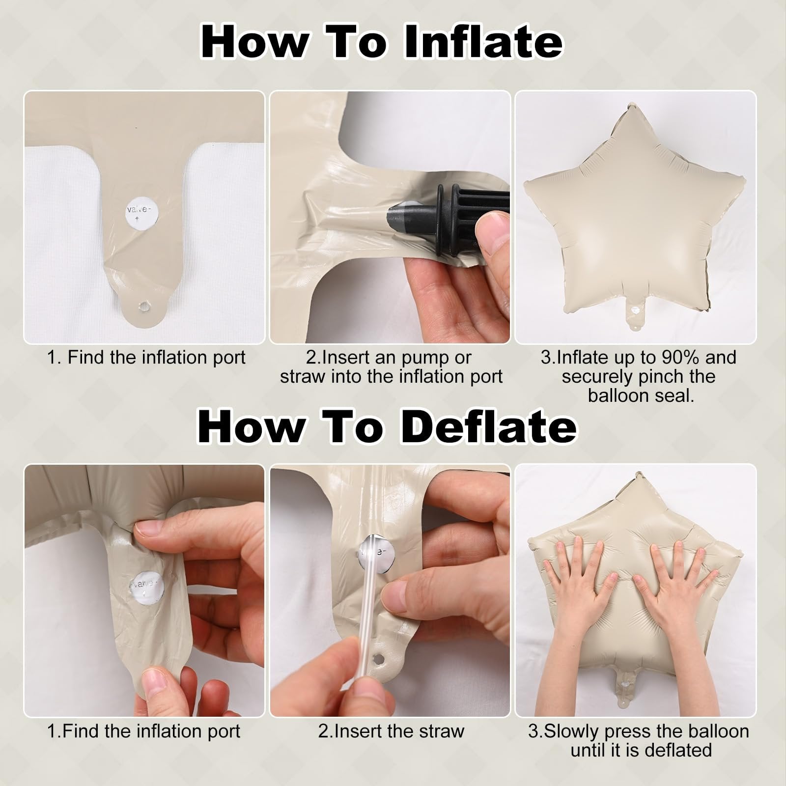 Instructions for inflating and deflating star-shaped balloons, showing steps with text and images.