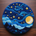 Needle felted wall art depicting a starry night sky with a crescent moon and mountains