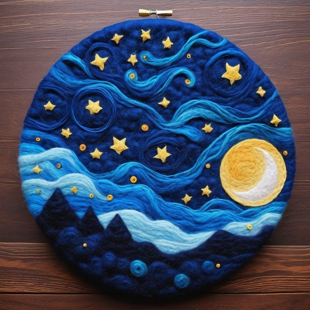 Needle felted wall art depicting a starry night sky with a crescent moon and mountains