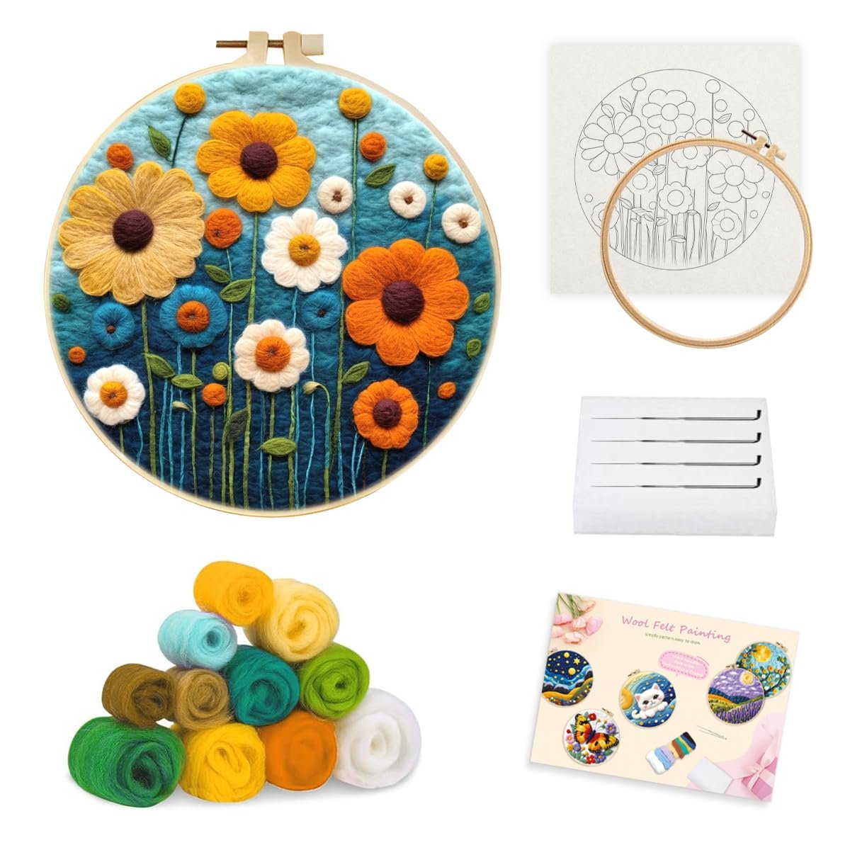 Needle felting starter kit with finished floral embroidery hoop, wool roving, pattern, and instructions.