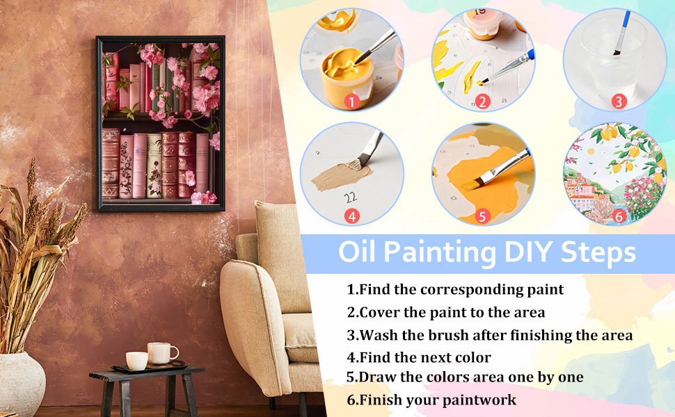 Paint by numbers kit showing a framed painting of books on a shelf with flowers, and DIY painting steps.