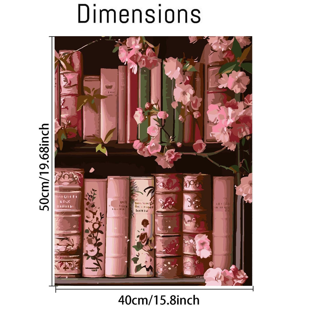 Paint by numbers canvas showing a bookshelf with pink flowers and books, with dimensions indicated.