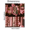 Paint by numbers canvas showing a bookshelf with pink flowers and books, with dimensions indicated.