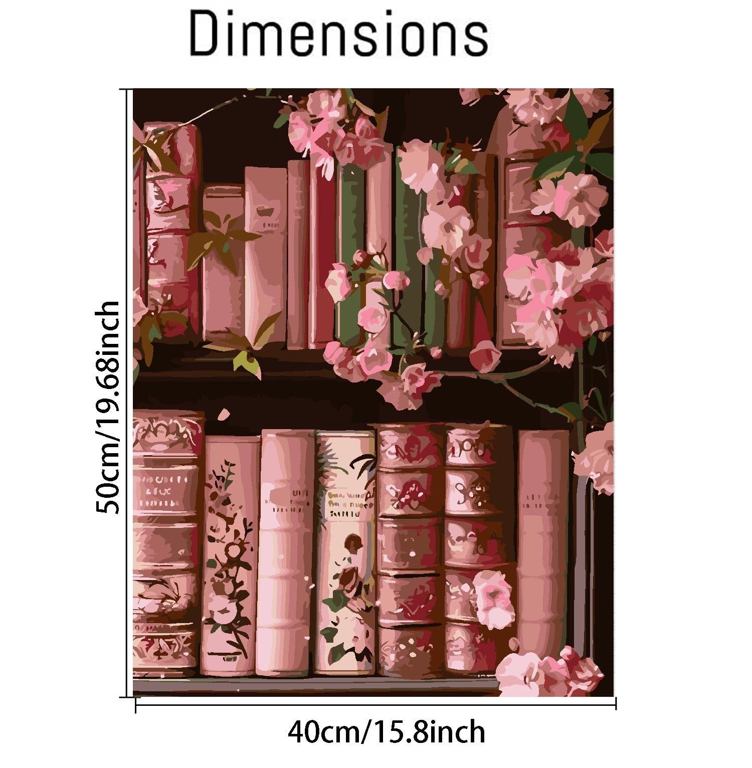 Paint by numbers canvas showing a bookshelf with pink flowers and books, with dimensions indicated.