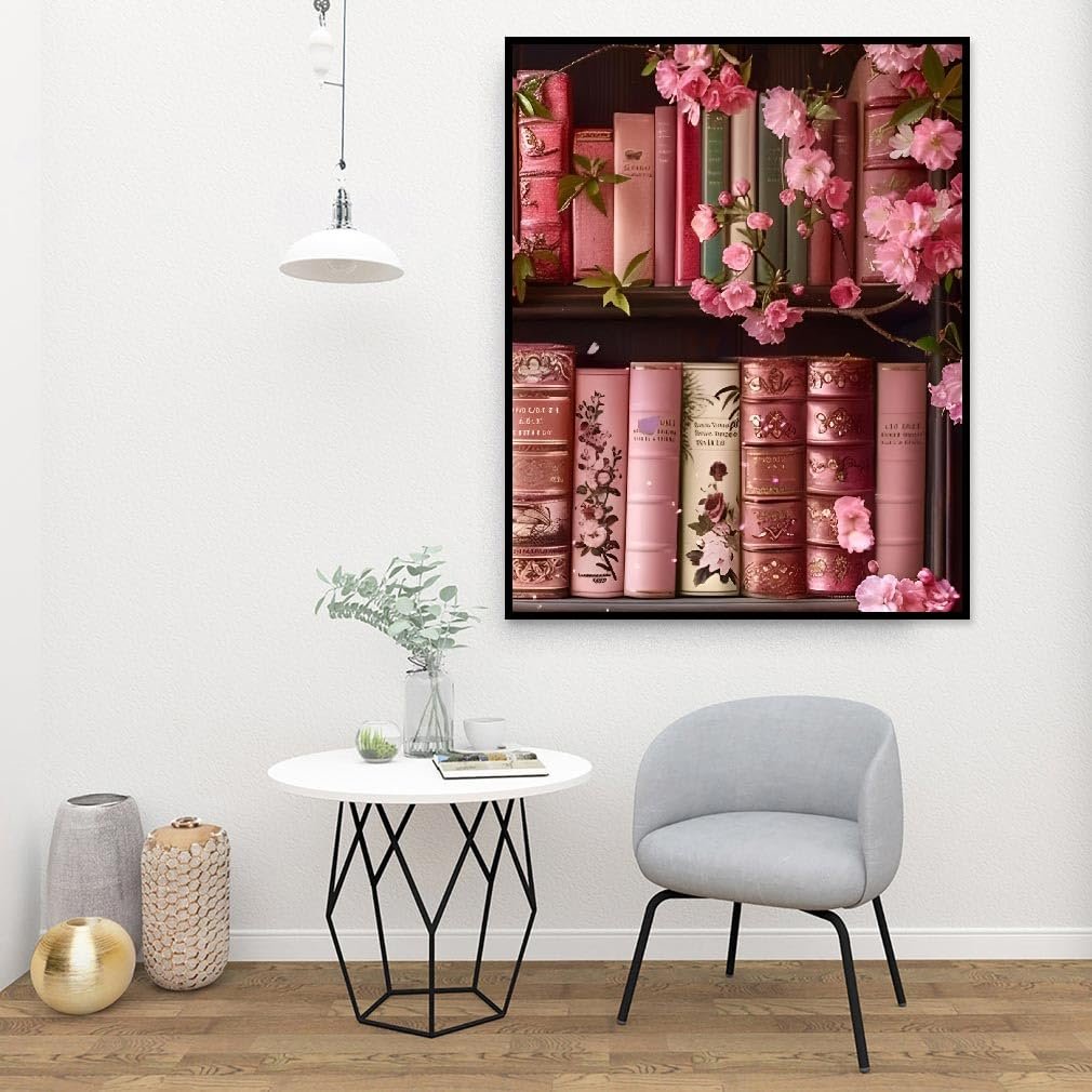 Paint by Numbers canvas showing a bookshelf with pink books and pink flowers