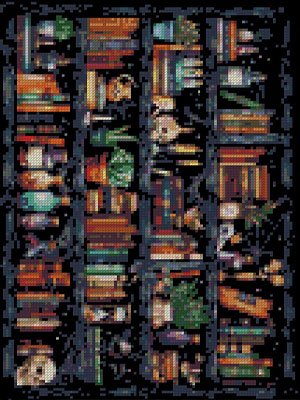 Stamped cross stitch pattern of a bookshelf filled with books, bottles, and plants.