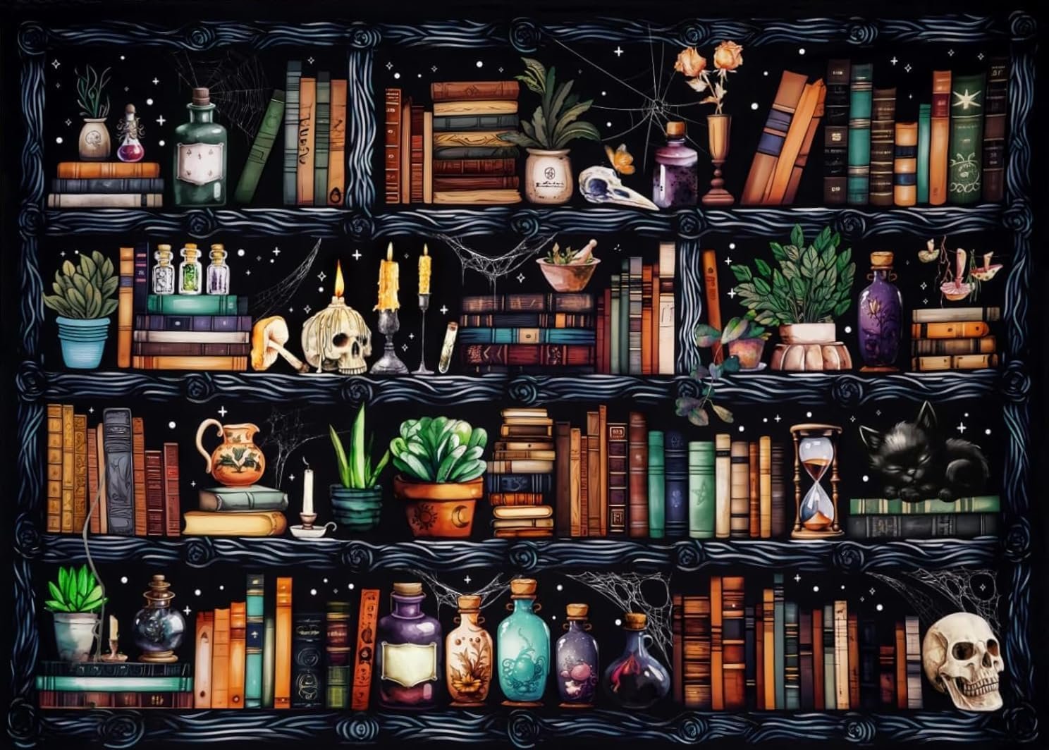 Bookshelf with various books, plants, potions, candles, a skull, and a sleeping cat. The design is intricate and detailed.