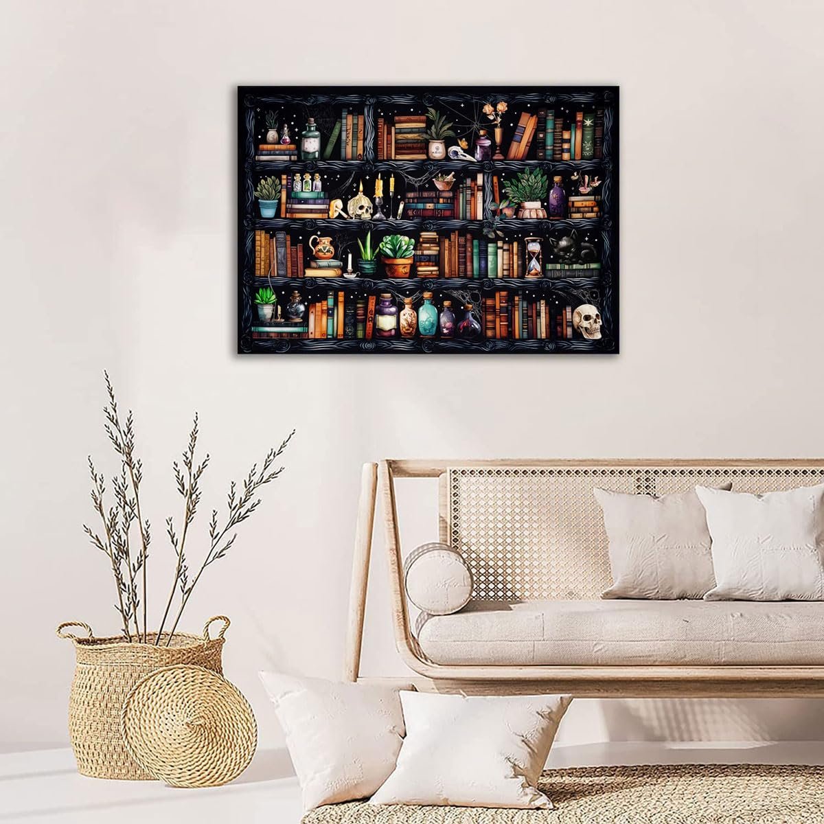 Bookshelf cross stitch pattern with books, plants, skulls, and potions on shelves, displayed in a room setting.