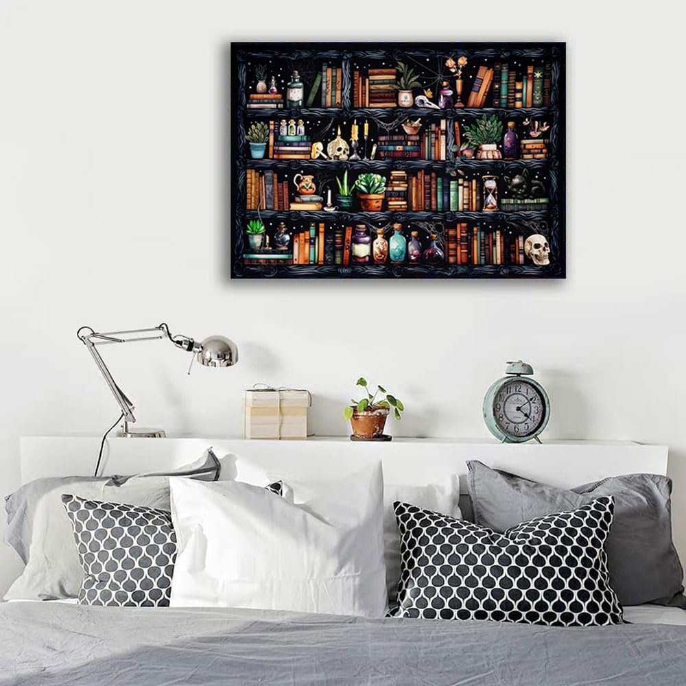 Stamped cross stitch pattern of a bookshelf filled with books, plants, skulls, and potions.