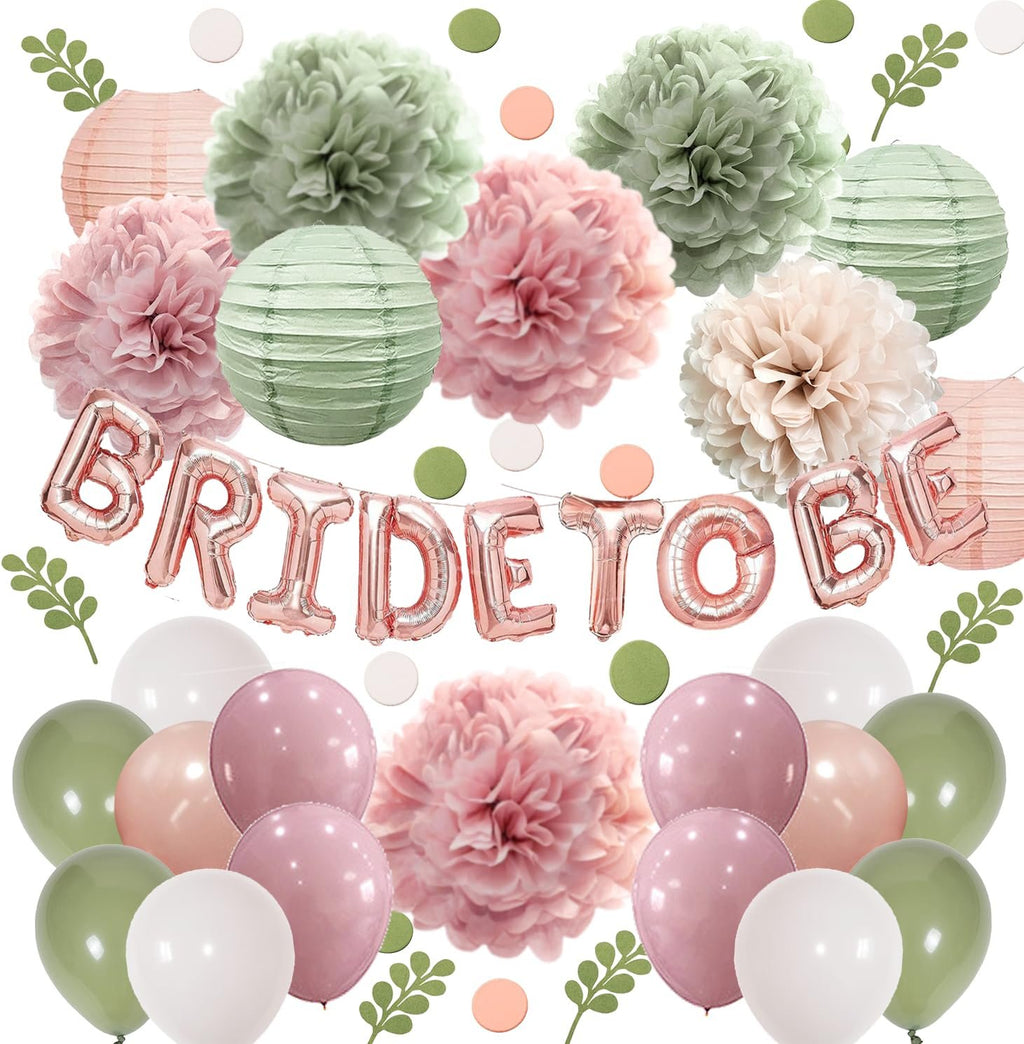 Bridal shower decoration kit with rose gold foil balloons spelling 'BRIDE TO BE', paper lanterns, tissue paper pom poms, and latex balloons in sage green, rose pink, and white.
