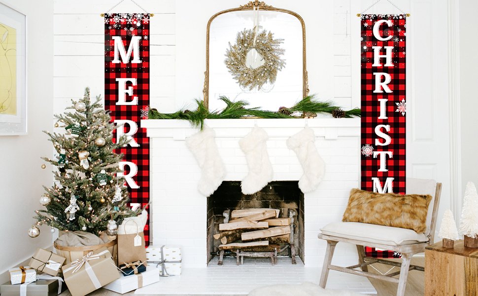 Buffalo plaid porch banners reading Merry Christmas hanging on a wall with a decorated Christmas tree and fireplace